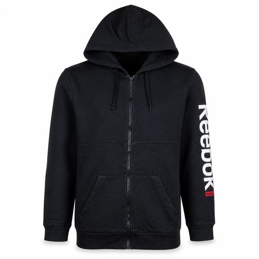 Front view of Reebok Men's Black Full Zip Hoodie, size S, Sports Fleece