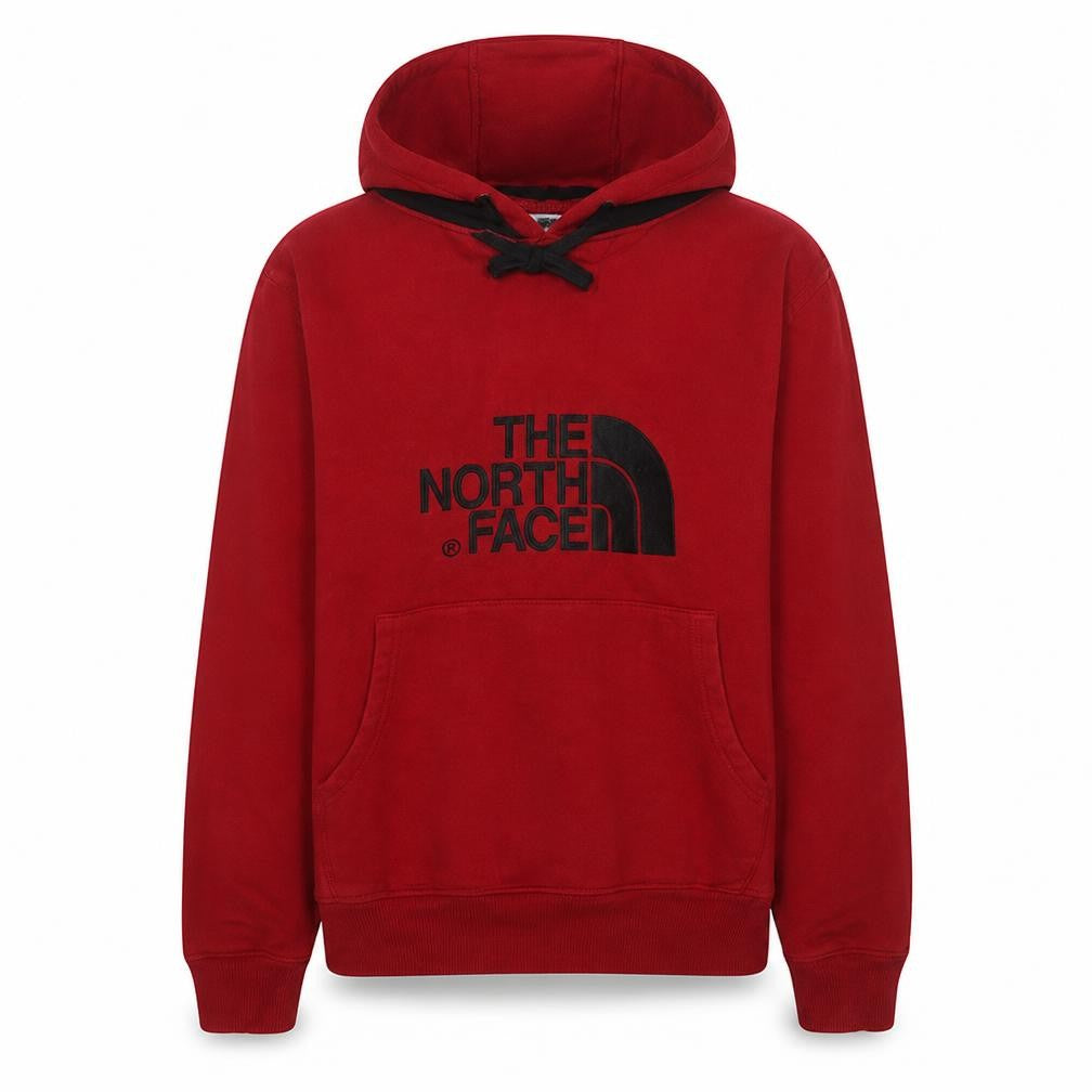 Front view of The North Face Men's Red Hoodie, size S, Pullover Cotton Graphic Logo