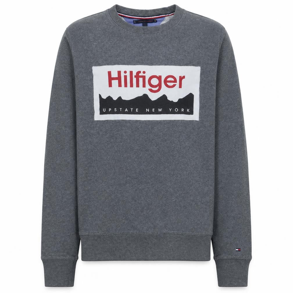 Front view of Tommy Hilfiger Men's Grey Logo Pullover Sweatshirt, size S