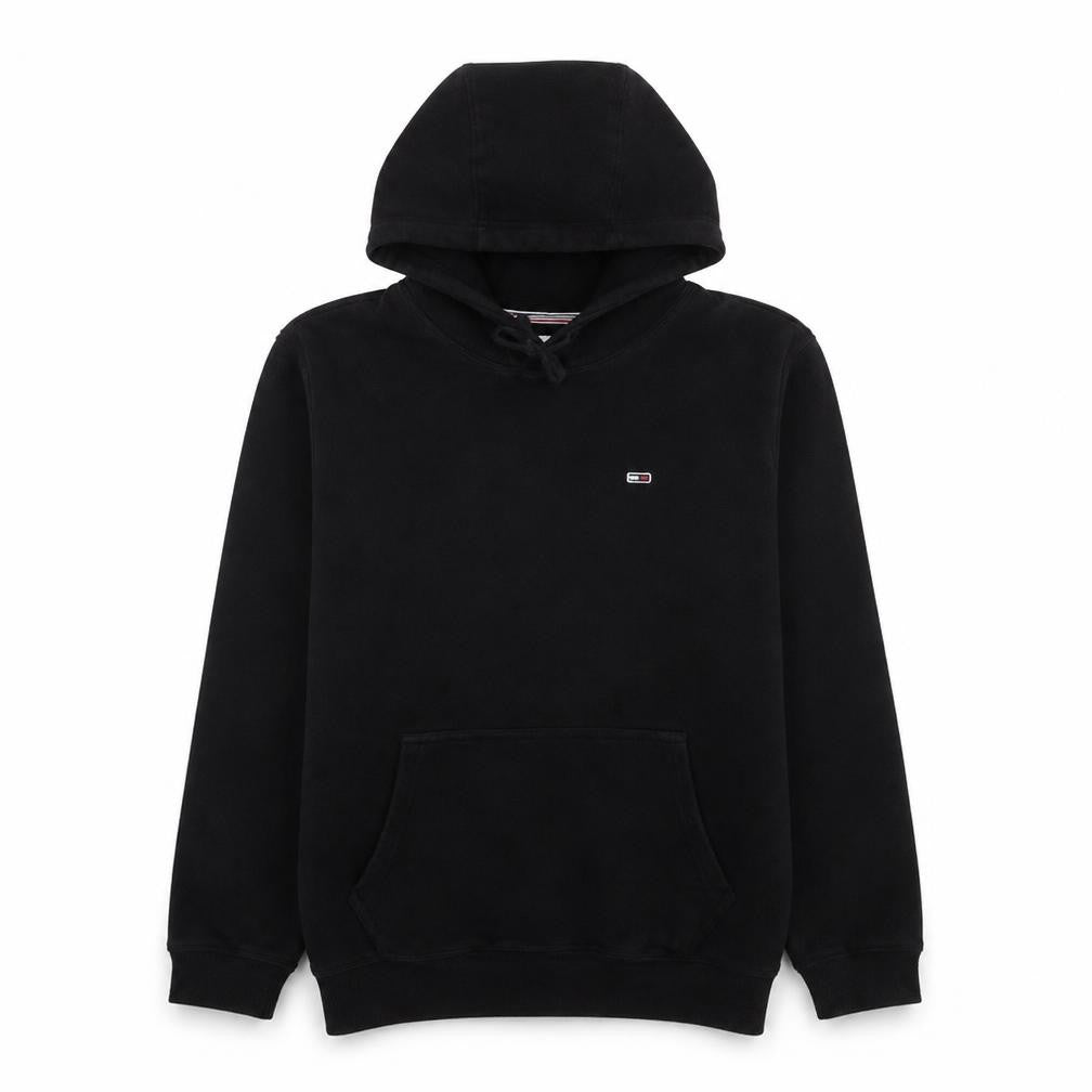 Front view of Tommy Jeans Men’s Black Pullover Hoodie Small Logo Fleece Sweatshirt