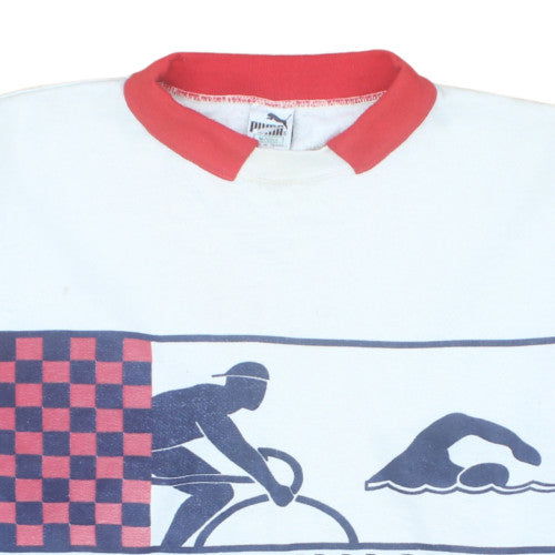 Puma Mens White Triathlon Graphic Collared Sweatshirt M Vintage