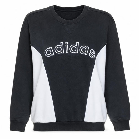 Front view of Adidas Women Black White Crew Neck Pullover Sweatshirt XS