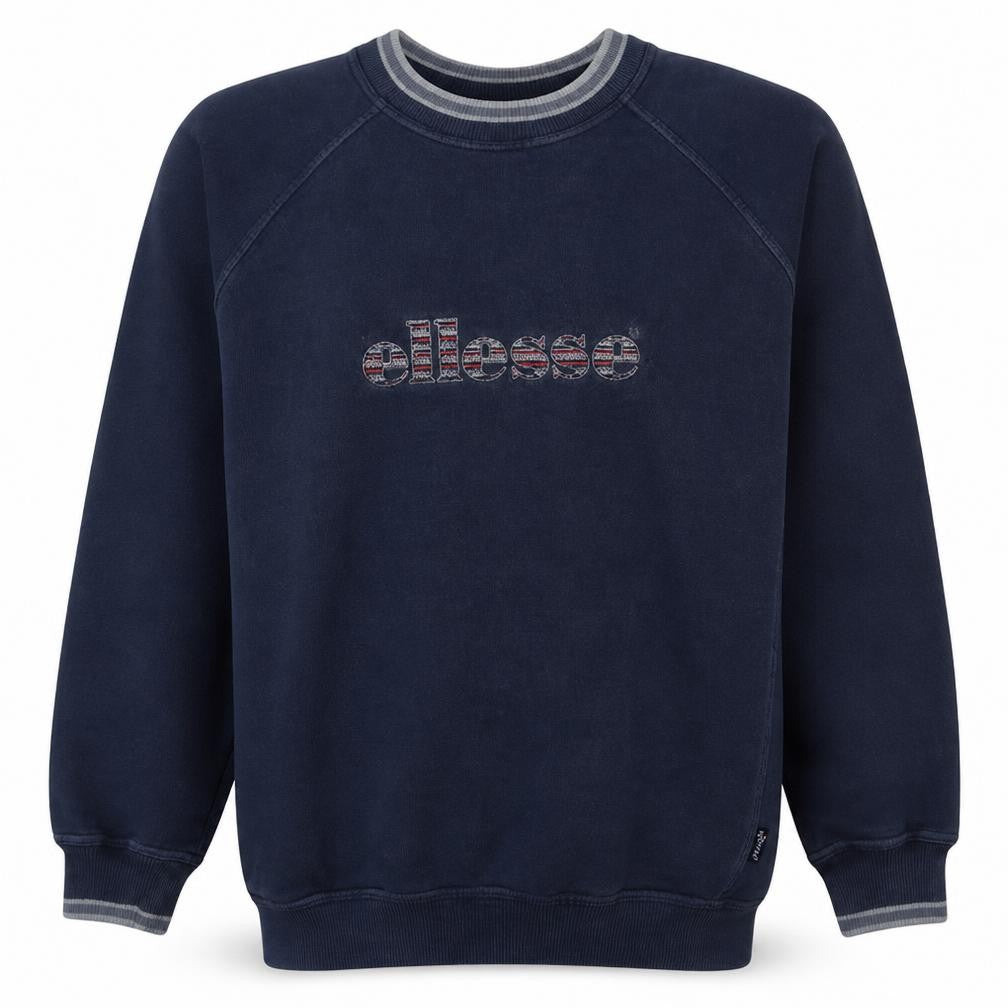 Front view of Ellesse Men's Navy Blue Crew Neck Sweatshirt, size S, Classic Pullover