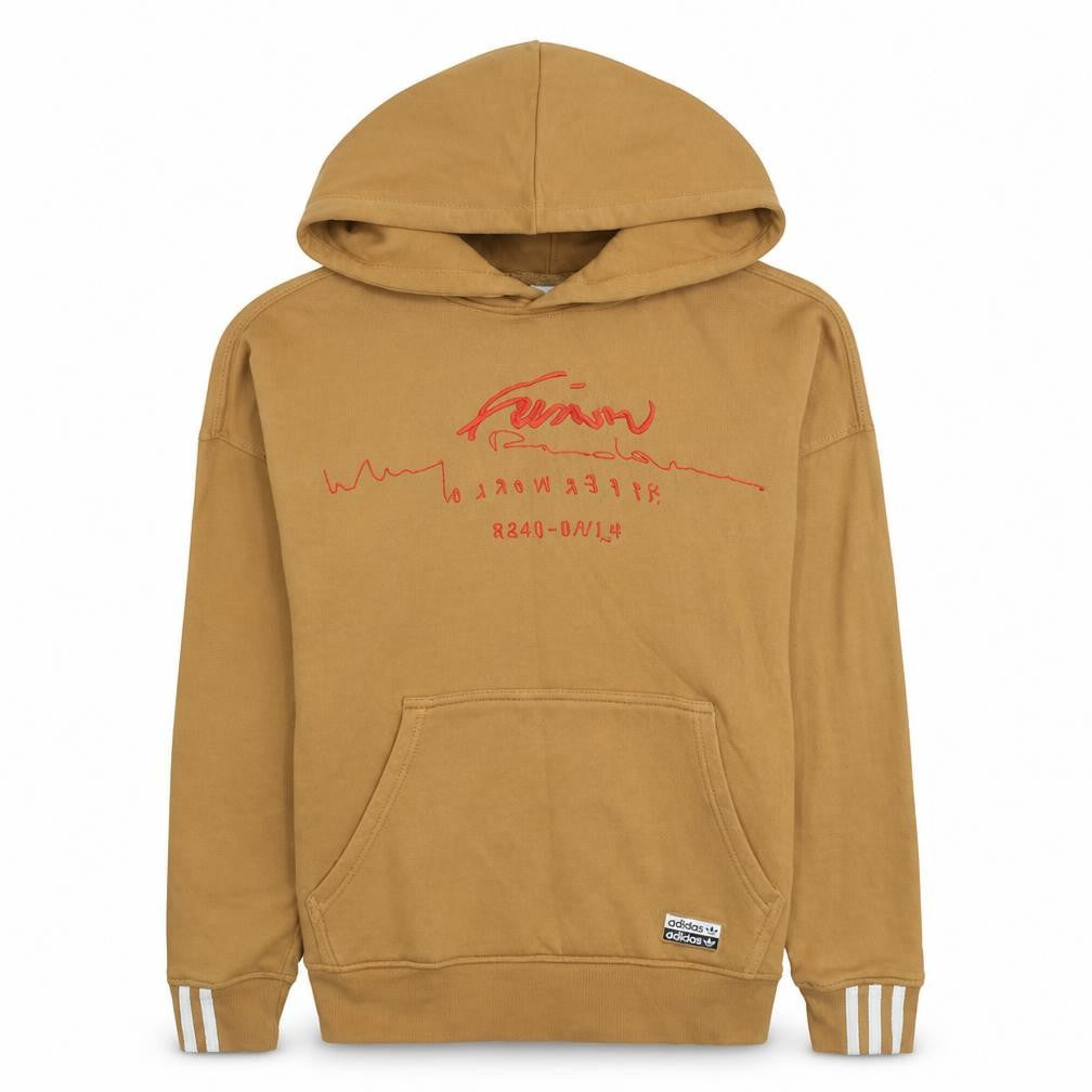 Front view of Adidas women’s camel hoodie, size UK 8, tan pullover hooded sweatshirt