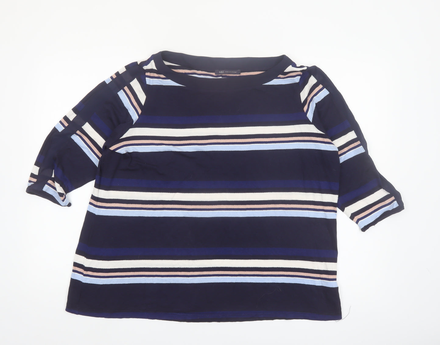 Marks and Spencer Women Blue Striped 3/4 Sleeve Boat Neck Blouse Size 22