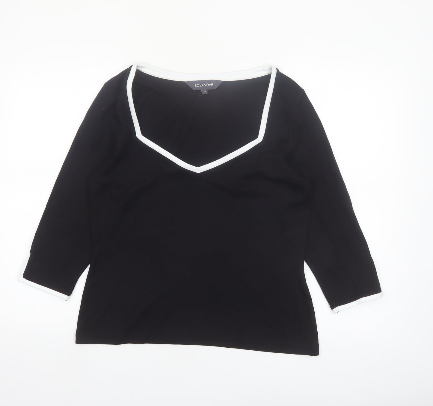 Sosandar Women’s Black V-Neck 3/4 Sleeve Stretch Jersey Top Size 14