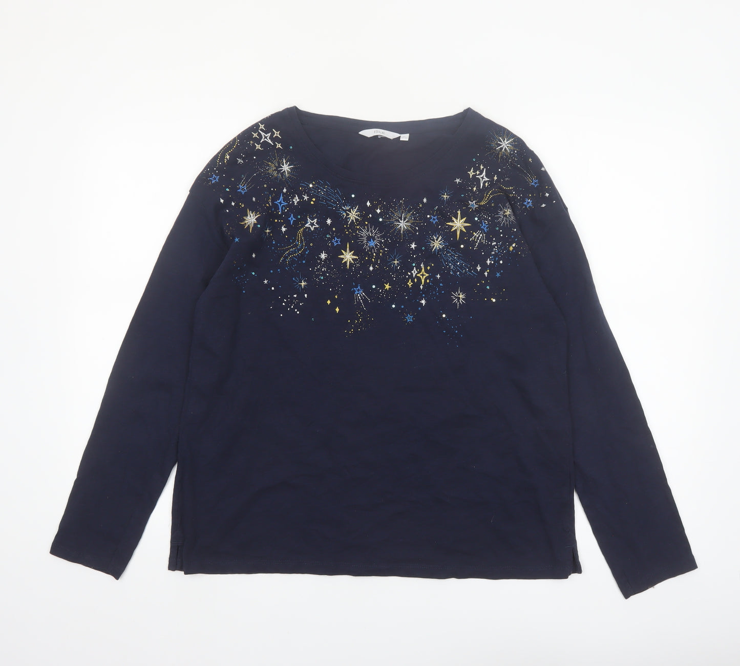 ISLE Women's Blue Star Embellished Long Sleeve Cotton T-Shirt Size 14