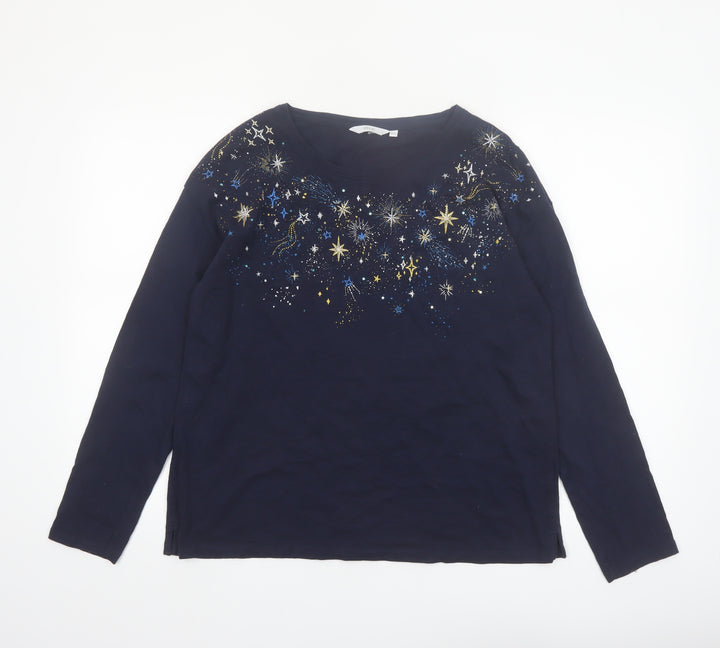 ISLE Women's Blue Star Embellished Long Sleeve Cotton T-Shirt Size 14