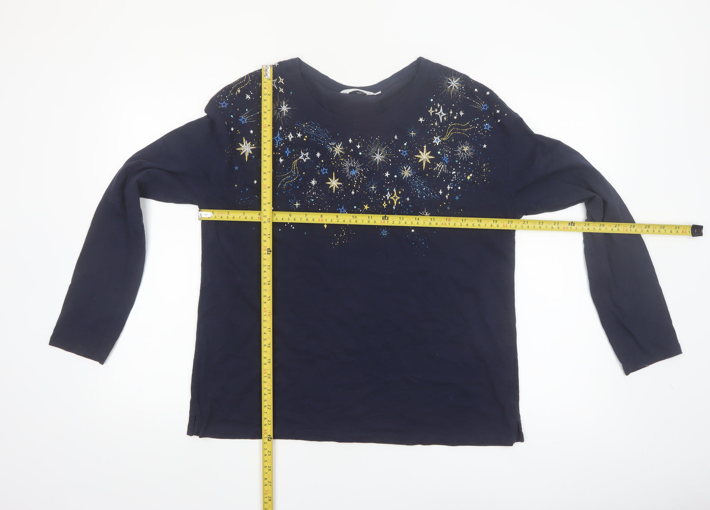 ISLE Women's Blue Star Embellished Long Sleeve Cotton T-Shirt Size 14