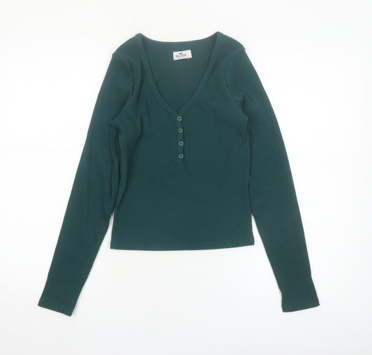 Hollister Women Green Slim Fit Long Sleeve V-Neck Button-Up Top Size S