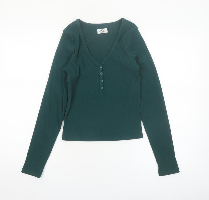Hollister Women Green Slim Fit Long Sleeve V-Neck Button-Up Top Size S