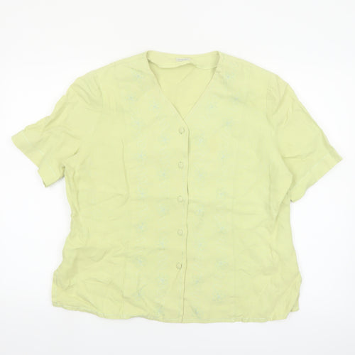 Viyella Women's Green Linen Short Sleeve Embroidered Blouse Size 14