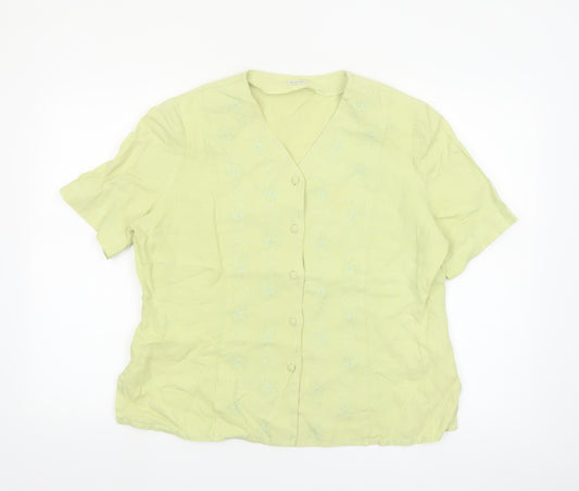 Viyella Women's Green Linen Short Sleeve Embroidered Blouse Size 14