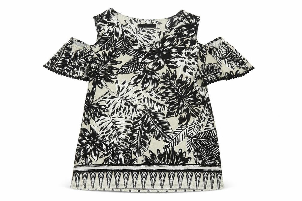 Front view of Wallis women’s black floral cold shoulder tunic blouse uk 12