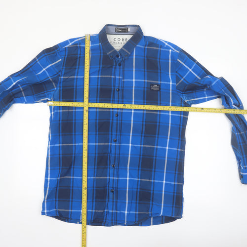 Jack & Jones Men's Blue Checked Cotton Long Sleeve Button-Up Shirt XL