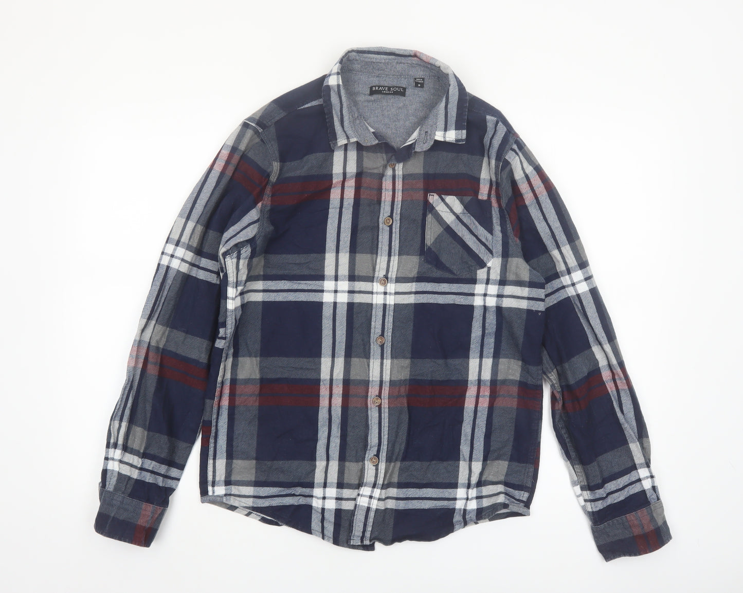 Brave Soul Men's Blue Plaid Cotton Flannel Long Sleeve Button-Up Shirt Small