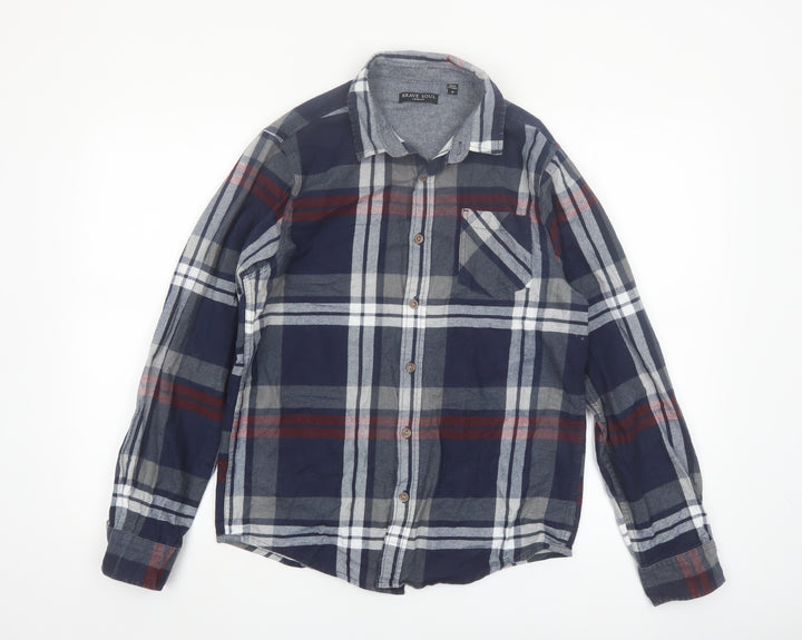 Brave Soul Men's Blue Plaid Cotton Flannel Long Sleeve Button-Up Shirt Small