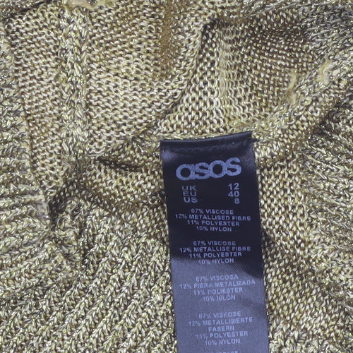 ASOS Women Gold Metallic Knit Jumper Size 12 Round Neck Long Sleeve