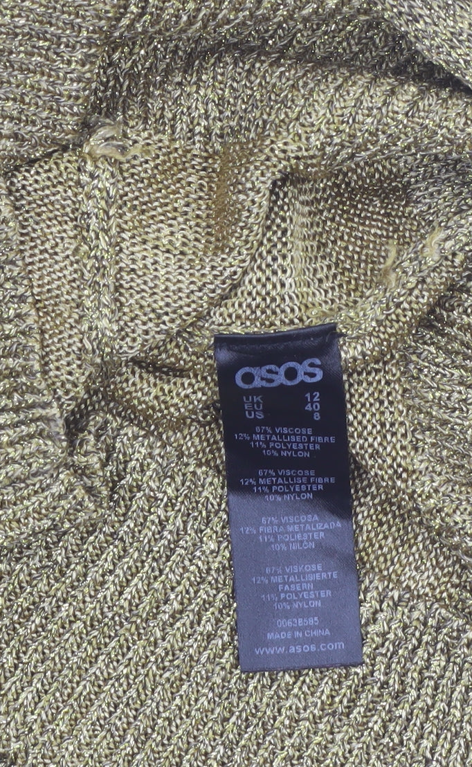 ASOS Women Gold Metallic Knit Jumper Size 12 Round Neck Long Sleeve
