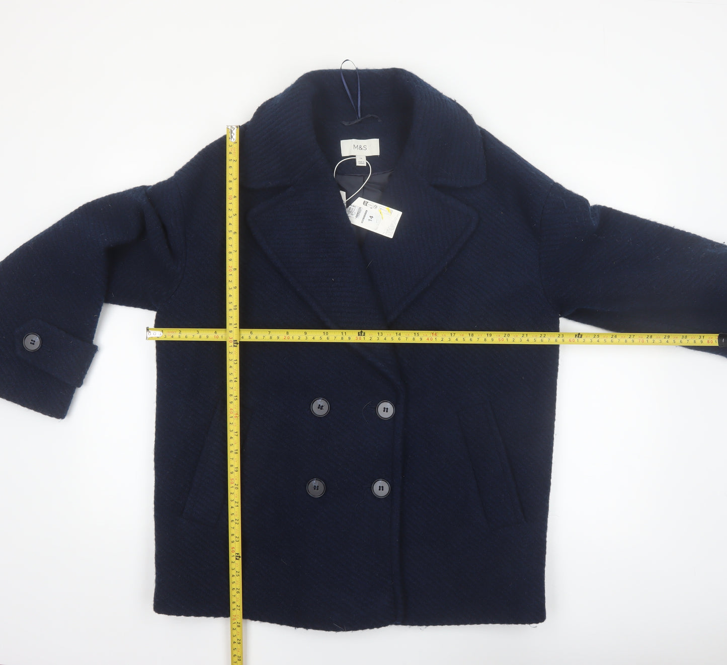 Marks and Spencer Women's Blue Wool Blend Pea Coat Size 14
