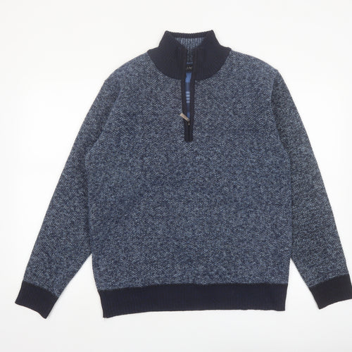Max Men Blue 1/2 Zip Knit High Neck Men's Jumper Size L