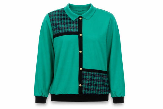 Front view of Alfred Dunner Women's Green Collared Check Button-Up Top, size L