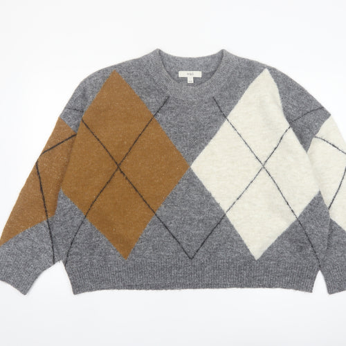 Marks and Spencer Women’s Grey Argyle Knit Crew Neck Jumper L