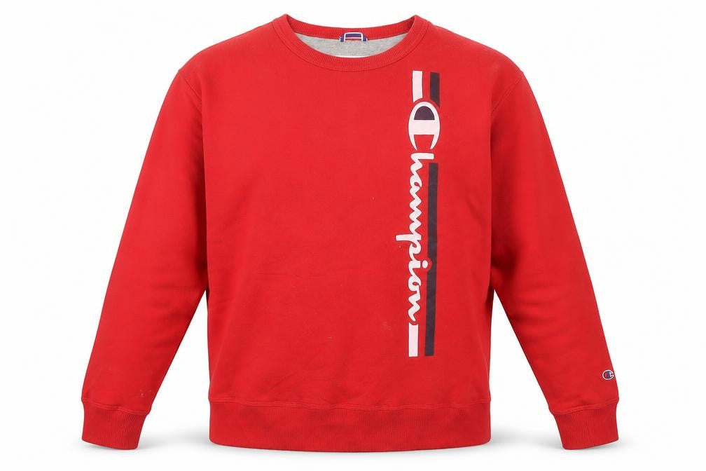Front view of Champion Men’s Red XL Pullover Graphic Sweatshirt
