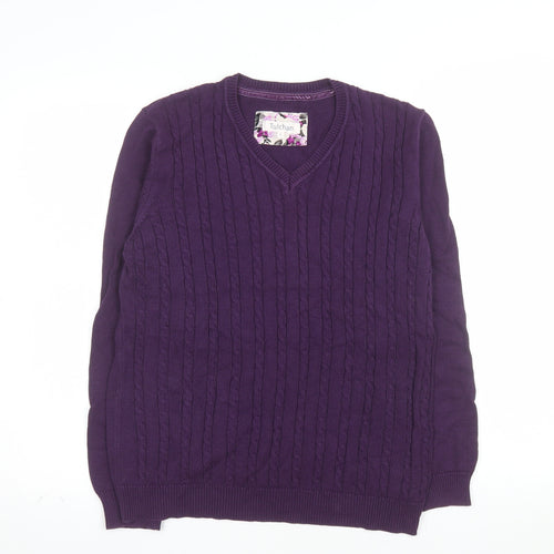Tulchan Womens Purple Cotton Cable-Knit V-Neck Jumper Size L