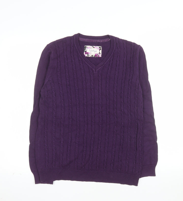 Tulchan Womens Purple Cotton Cable-Knit V-Neck Jumper Size L