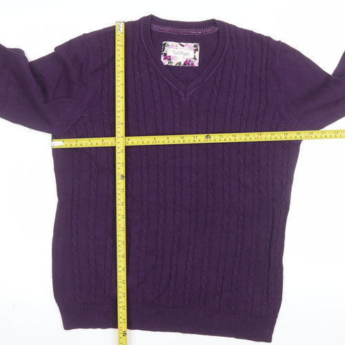 Tulchan Womens Purple Cotton Cable-Knit V-Neck Jumper Size L