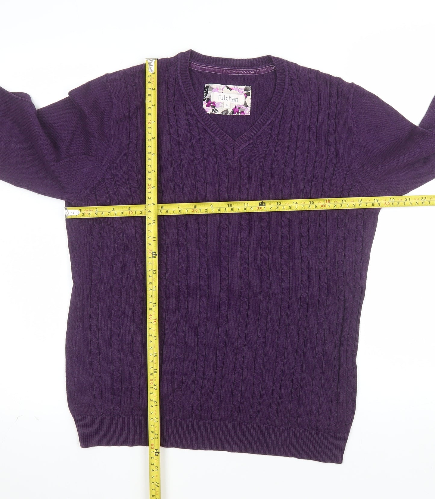 Tulchan Womens Purple Cotton Cable-Knit V-Neck Jumper Size L