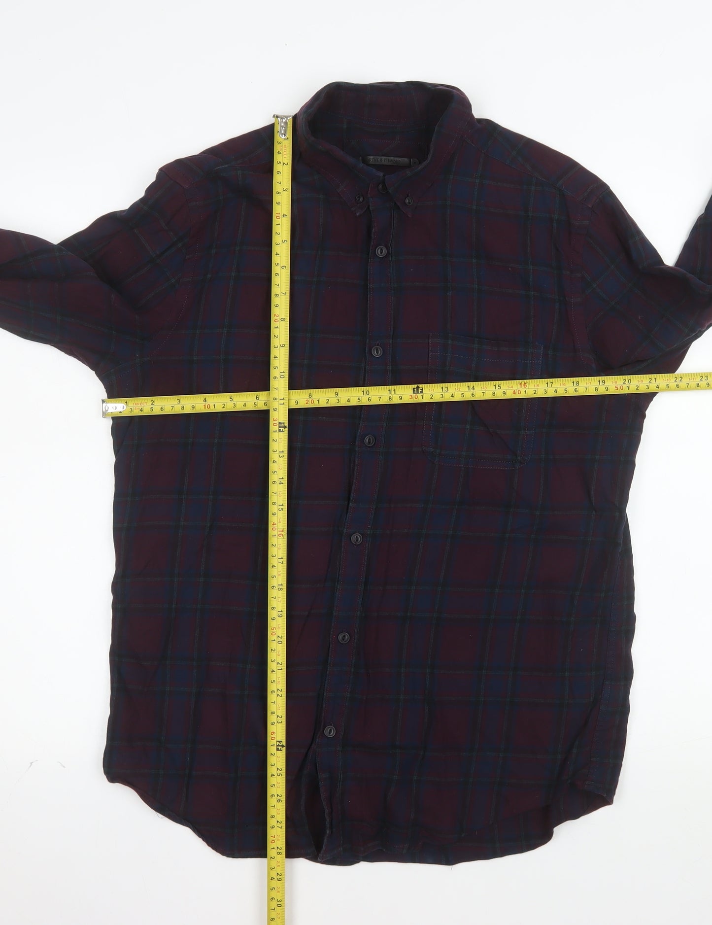 River Island Men's Multicoloured Plaid Cotton Long Sleeve Shirt M