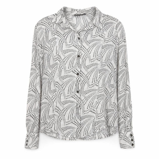 Front view of Mexx women’s white geometric cotton button-up shirt, size UK 16
