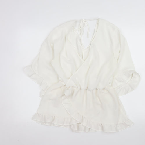River Island Women White Size 14 Wrap Ruffle Short Dress