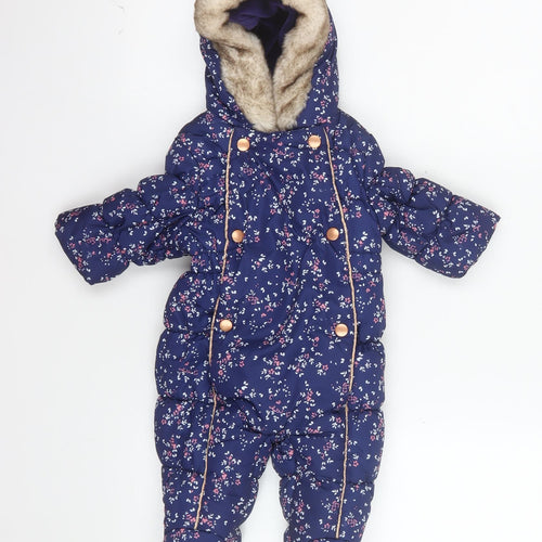 Mothercare Unisex Baby Navy Floral Hooded Snowsuit 3-6 Months Padded Winter