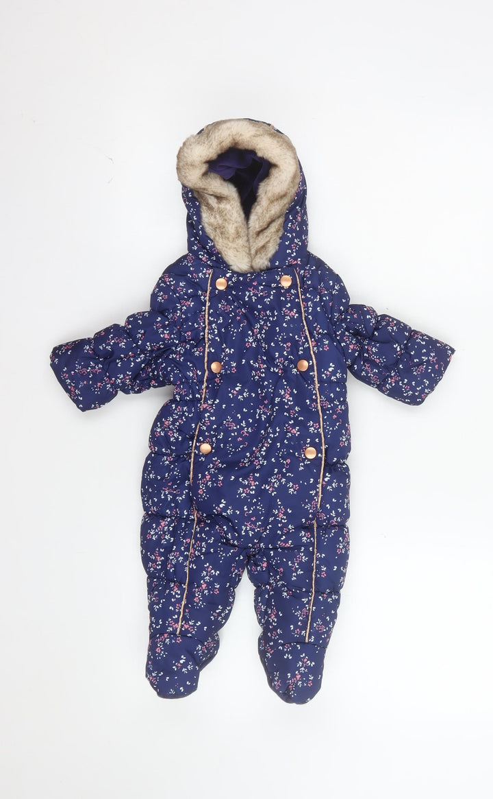 Mothercare Unisex Baby Navy Floral Hooded Snowsuit 3-6 Months Padded Winter