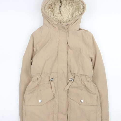Primark Girls Beige Hooded Parka Coat 8-9 Years Fleece Lined Winter Jacket