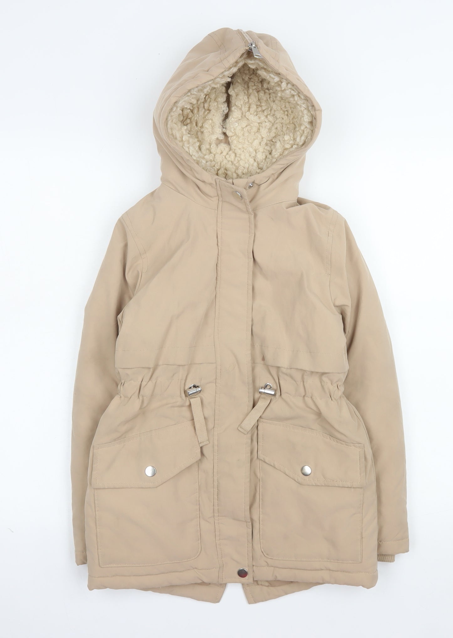 Primark Girls Beige Hooded Parka Coat 8-9 Years Fleece Lined Winter Jacket