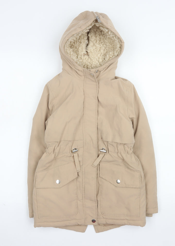 Primark Girls Beige Hooded Parka Coat 8-9 Years Fleece Lined Winter Jacket