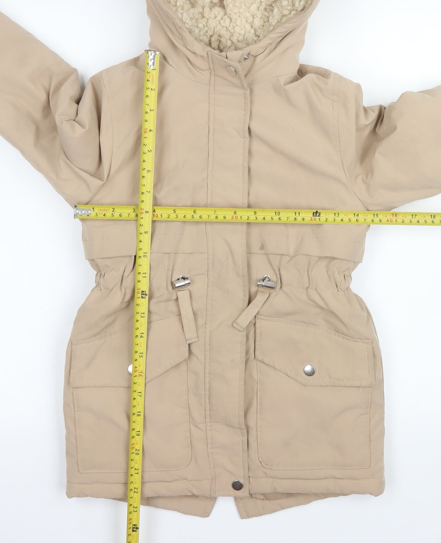 Primark Girls Beige Hooded Parka Coat 8-9 Years Fleece Lined Winter Jacket