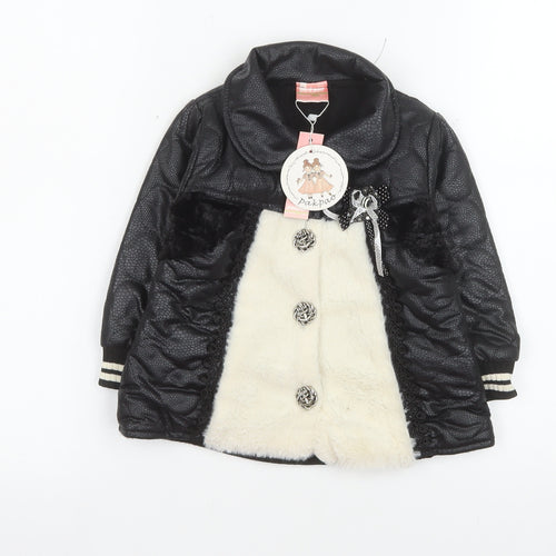 Pakpao Girls Black Faux Leather & Fur Mid-Length Coat Size S