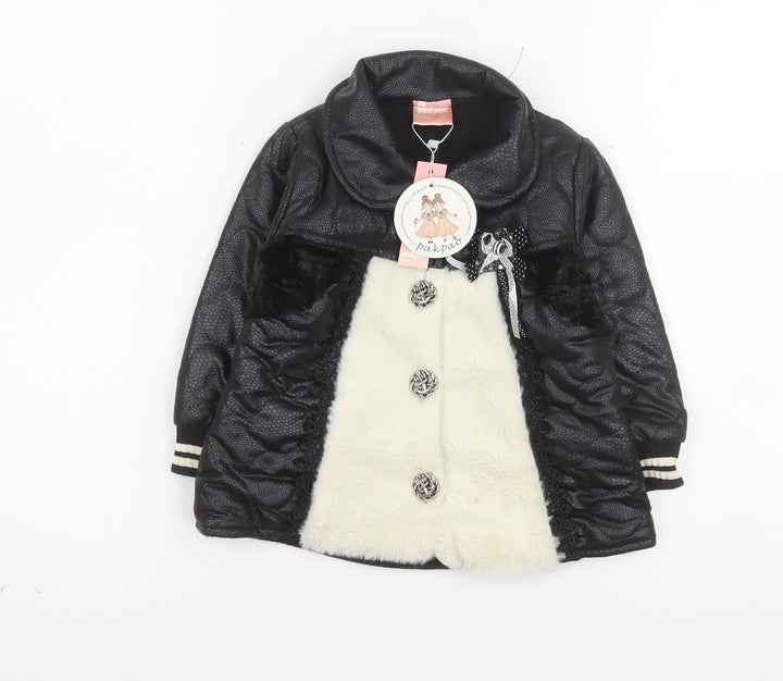 Pakpao Girls Black Faux Leather & Fur Mid-Length Coat Size S
