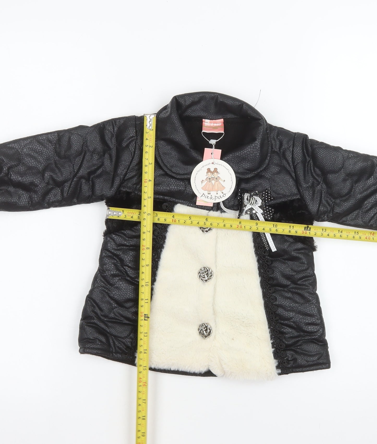 Pakpao Girls Black Faux Leather & Fur Mid-Length Coat Size S