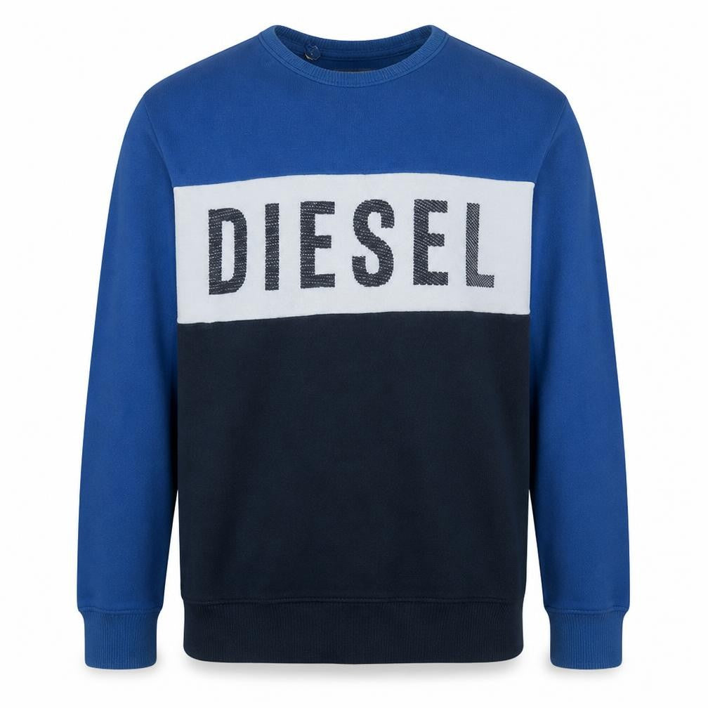 Front view of Diesel men’s blue crew neck sweatshirt l graphic cotton blend