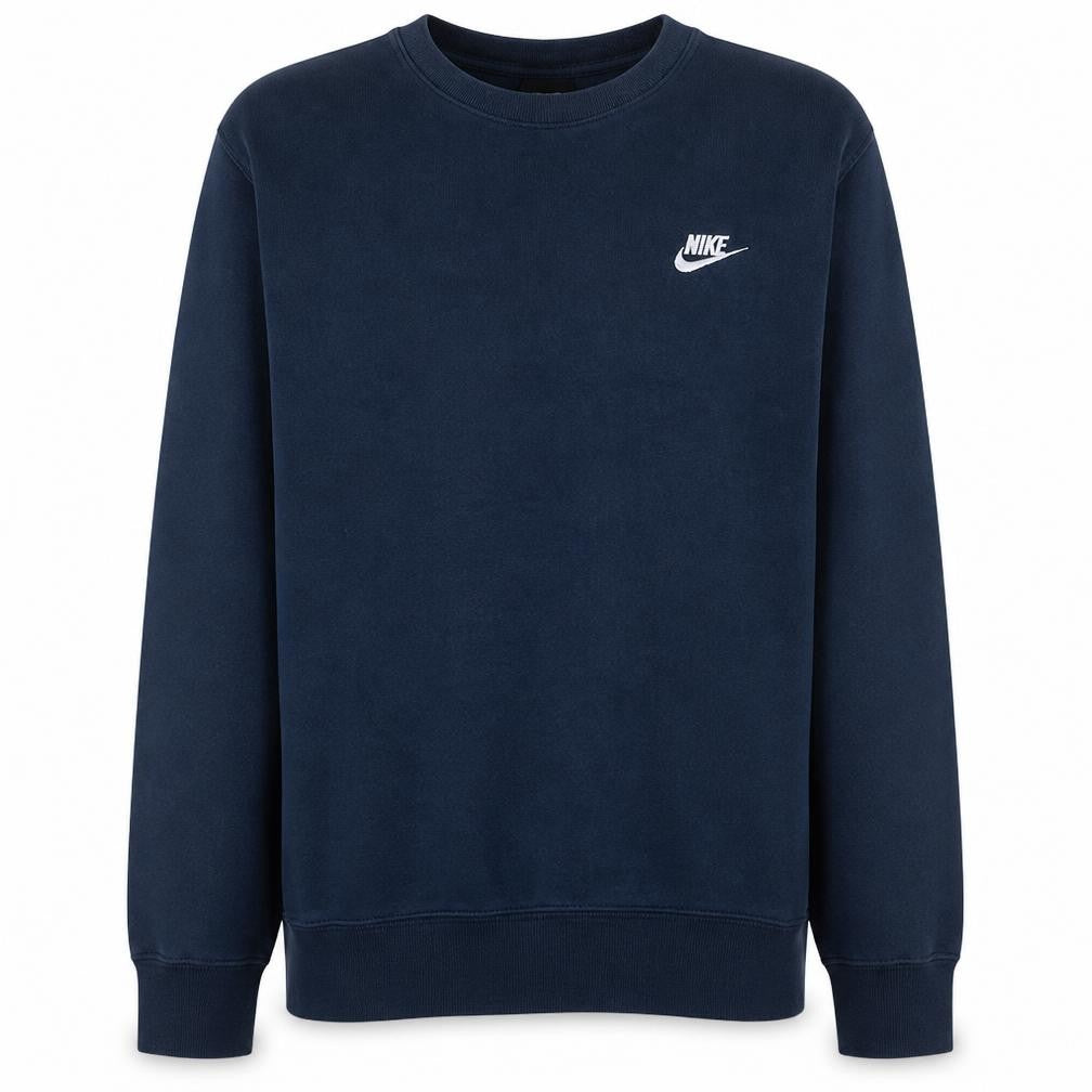 Front view of Nike men’s blue crew neck fleece pullover sweatshirt l