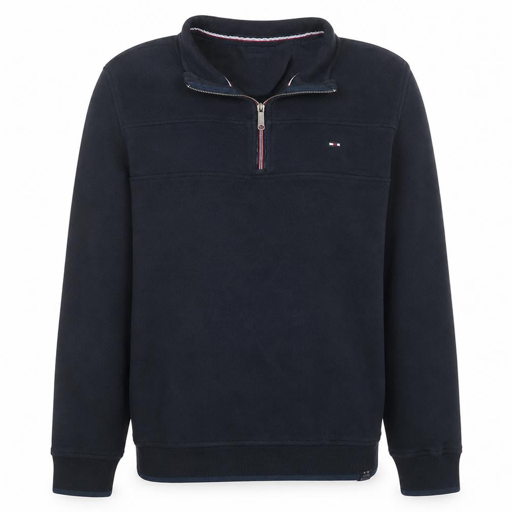 Front view of FQ1924 Men's Blue 1/4 Zip High Neck Sweatshirt, size L