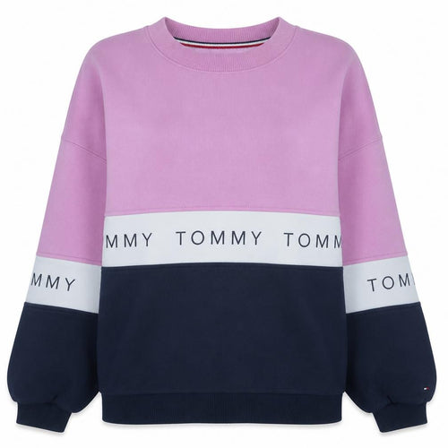 Tommy Jeans Womens Pink Blue Colourblock Crew Neck Sweatshirt L