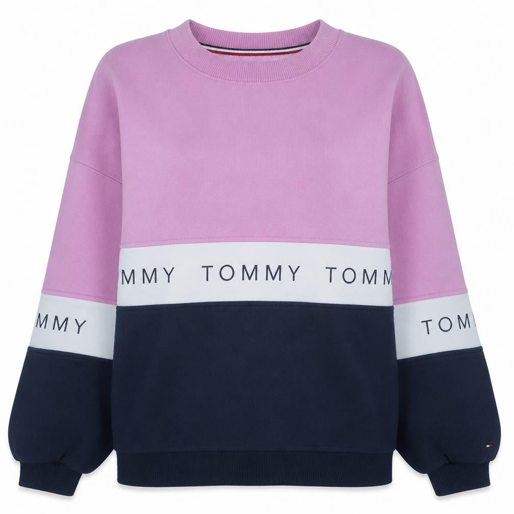 Tommy Jeans Womens Pink Blue Colourblock Crew Neck Sweatshirt L