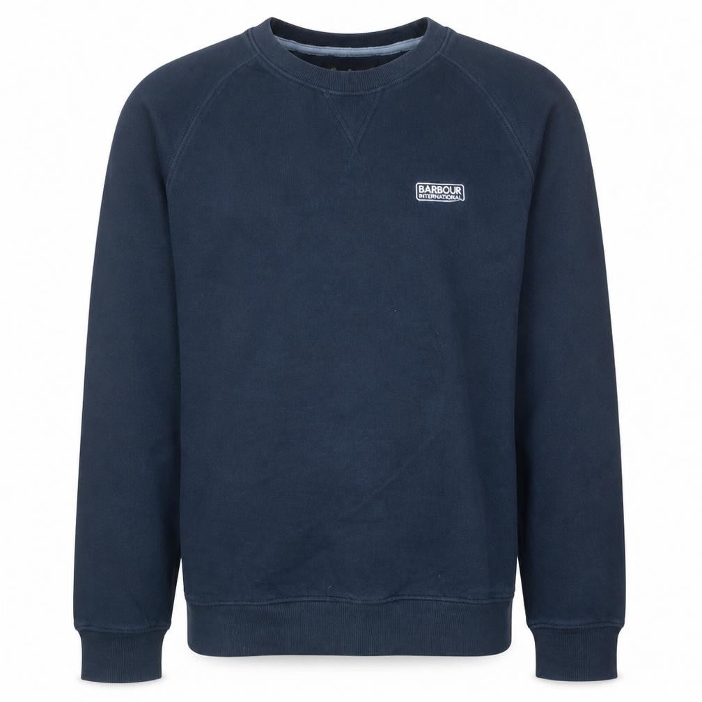 Front view of Barbour Men's Blue Crew Neck Pullover Sweatshirt Medium